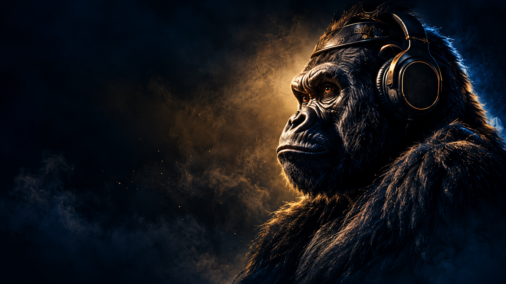 Gorilla wearing headphones in blue and gold stage light